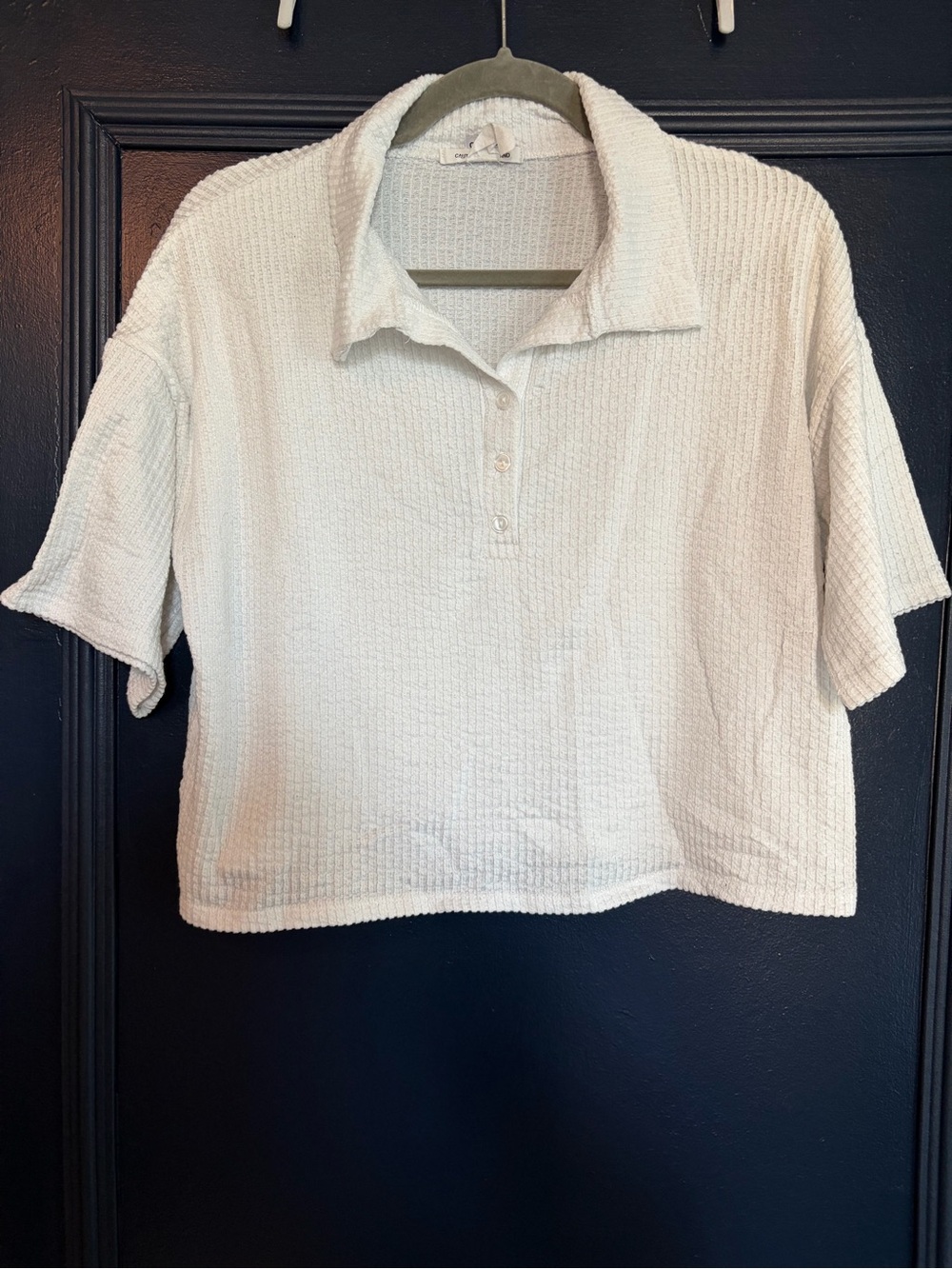 Caution to the Wind White Textured Oversized Cropped Polo Top